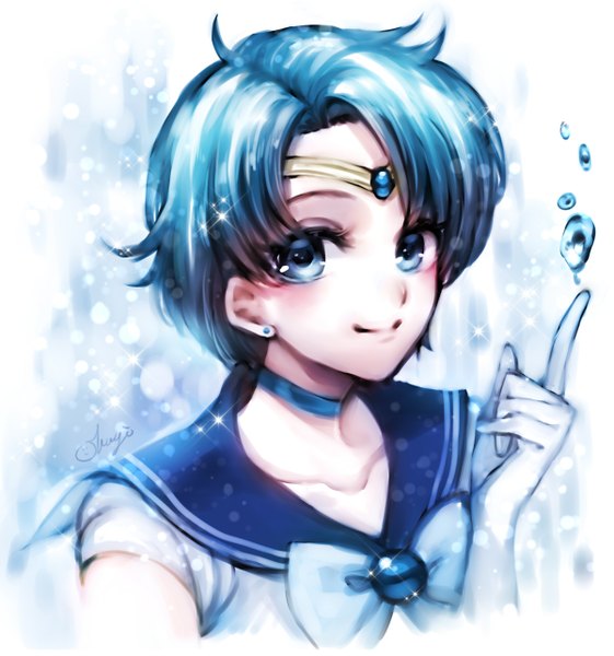 Anime picture 1200x1283 with bishoujo senshi sailor moon toei animation mizuno ami sailor mercury ohagi (ymnky) single tall image looking at viewer blush short hair blue eyes signed blue hair upper body light smile girl gloves uniform bow choker