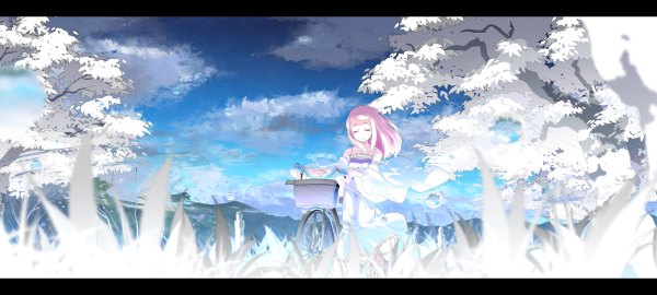 Anime picture 2400x1080 with original asakura masatoki single highres blonde hair smile wide image standing bare shoulders pink hair sky outdoors eyes closed wide sleeves letterboxed hill girl dress plant (plants) detached sleeves