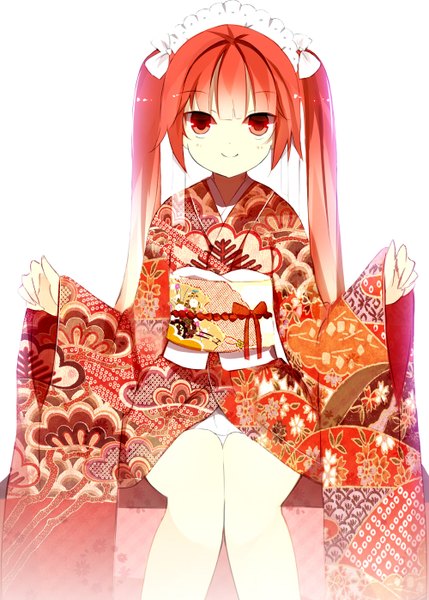 Anime picture 1000x1398 with date a live itsuka kotori senya fuurin single long hair tall image looking at viewer blush smile red eyes white background sitting twintails red hair traditional clothes japanese clothes girl kimono obi