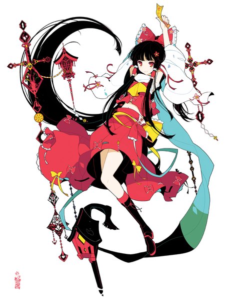 Anime picture 918x1181 with touhou hakurei reimu ideolo single tall image looking at viewer fringe black hair simple background smile red eyes white background holding signed bent knee (knees) very long hair long sleeves arm up hair flower wide sleeves