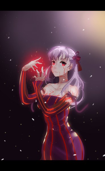 Anime picture 2480x4016 with fate (series) fate/stay night type-moon matou sakura dark sakura lucky (1045044604) single long hair tall image looking at viewer fringe highres red eyes standing bare shoulders purple hair long sleeves parted lips magic facial mark