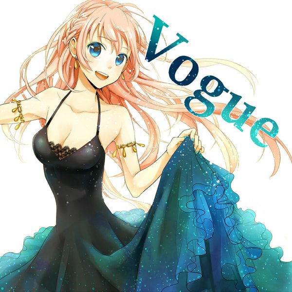 Anime picture 1000x1000 with vocaloid vogue (magazine) vogue (vocaloid) megurine luka yuzuki kihiro single long hair looking at viewer open mouth blue eyes simple background white background bare shoulders pink hair nail polish wind inscription aqua nail polish starry sky print girl