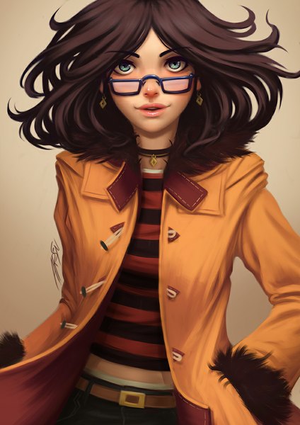 Anime picture 800x1132 with rafaarsen single long hair tall image open mouth blue eyes black hair simple background signed lips open clothes open jacket hand in pocket girl earrings glasses jacket