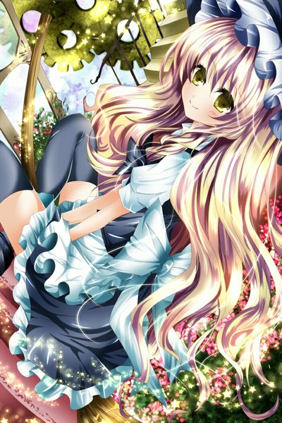 Anime picture 700x1050 with touhou kirisame marisa nanase nao single long hair tall image looking at viewer blush blonde hair smile yellow eyes girl thighhighs dress flower (flowers) black thighhighs witch hat