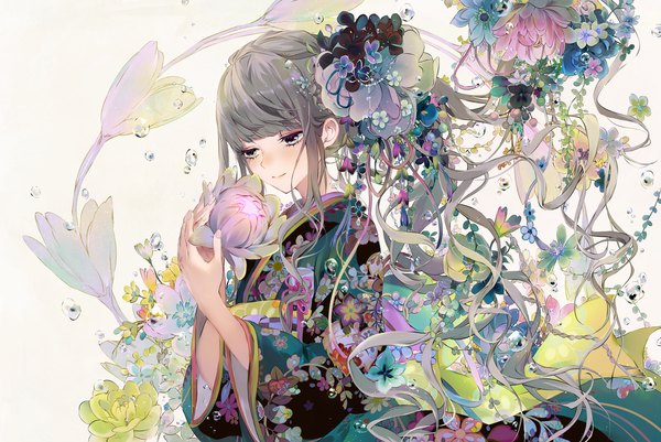 Anime picture 1200x803 with original tsukioka tsukiho single long hair fringe white background payot upper body ponytail blunt bangs traditional clothes japanese clothes hair flower light smile grey hair floral print looking down silver eyes girl hair ornament