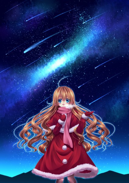 Anime picture 1300x1838 with original momomiya mion single long hair tall image blush blue eyes brown hair night exhalation shooting star milky way girl scarf star (stars) winter clothes