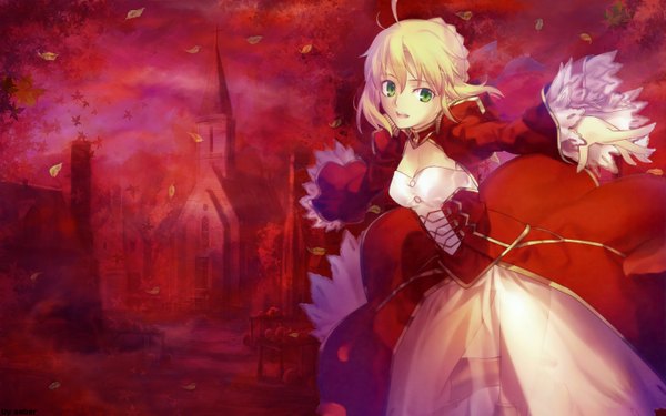 Anime picture 1440x900 with fate (series) fate/extra type-moon artoria pendragon (all) saber nero claudius (fate) (all) nero claudius (fate) single looking at viewer open mouth blonde hair wide image green eyes wind wallpaper red background underbust girl dress leaf (leaves)