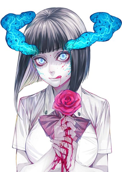 Anime picture 793x1121 with yokuoni irohara mitabi single tall image fringe short hair breasts blue eyes black hair simple background large breasts white background holding blunt bangs fingernails lips short sleeves demon girl licking demon