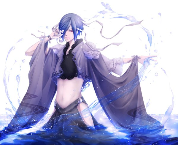 Anime picture 1210x985 with brave 10 unno rokurou mizuki047 fringe short hair smile red eyes white background blue hair hair over one eye boy navel water bandage (bandages)