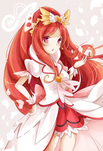 Anime picture 1024x1500 with precure dokidoki! precure toei animation madoka aguri cure ace sumi mi single long hair tall image looking at viewer blush open mouth red eyes red hair girl dress hair ornament petals