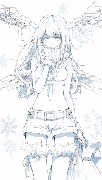 Anime picture 580x1017 with original tsukioka tsukiho single long hair tall image looking at viewer fringe smile standing bare shoulders white hair horn (horns) bare belly monochrome christmas white eyes girl thighhighs gloves navel