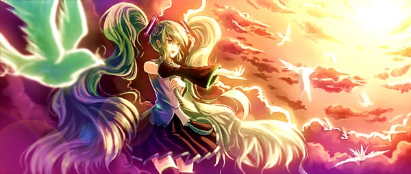 Anime picture 1280x545 with vocaloid hatsune miku paseri single long hair open mouth wide image twintails green eyes sky green hair evening sunset girl detached sleeves animal bird (birds)