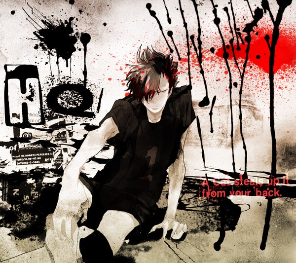 Anime picture 1800x1600 with haikyuu!! production i.g kuroo tetsurou single fringe highres short hair smile red eyes brown hair sitting hair over one eye inscription boy shorts t-shirt paint