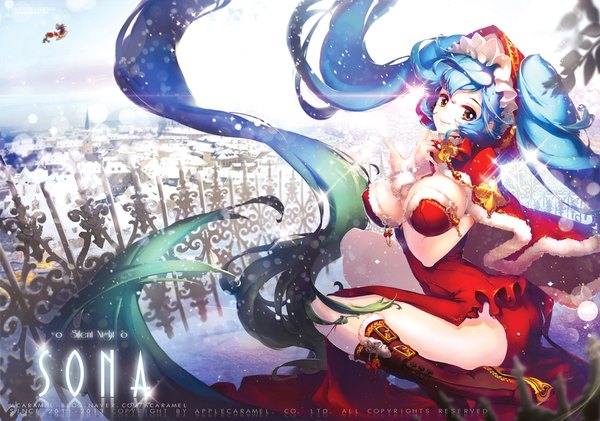 Anime picture 1000x703 with league of legends sona buvelle apple caramel single looking at viewer breasts light erotic smile large breasts twintails brown eyes blue hair very long hair sparkle snowing winter snow girl dress boots
