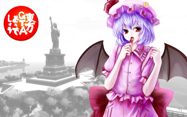 Anime picture 1200x750 with touhou remilia scarlet nishi masakazu single looking at viewer short hair open mouth red eyes wide image blue hair girl dress wings bonnet lollipop