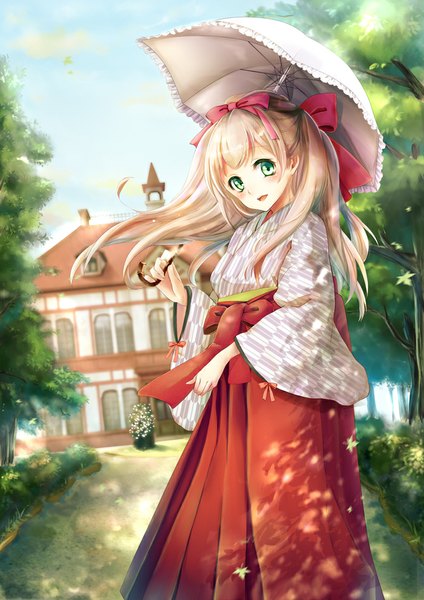 Anime picture 700x990 with original maronie. single long hair tall image blush open mouth blonde hair smile green eyes sky cloud (clouds) traditional clothes japanese clothes yagasuri girl bow plant (plants) hair bow tree (trees)