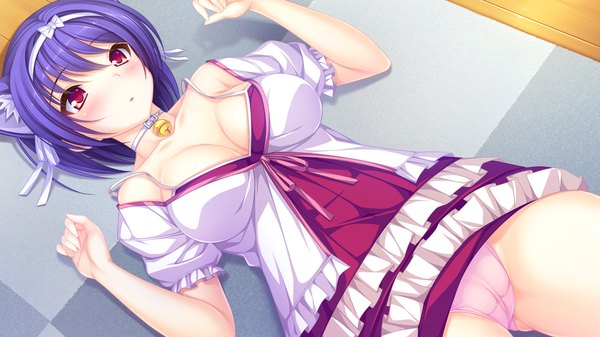 Anime picture 1920x1080 with magicalic sky high whirlpool (studio) fana arsim mikagami mamizu blush fringe highres short hair breasts light erotic red eyes wide image large breasts bare shoulders animal ears blue hair looking away game cg cleavage purple hair