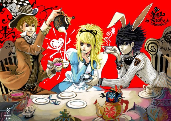 Anime picture 1500x1061 with alice in wonderland death note madhouse alice (wonderland) yagami light white rabbit l (death note) amane misa mad hatter ryuk hoelex (artist) long hair short hair black hair blonde hair simple background smile red eyes brown hair sitting