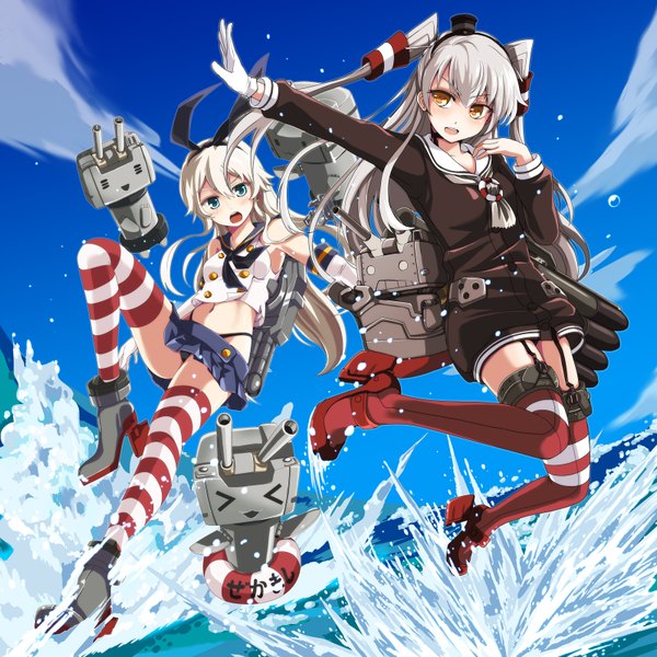 Anime picture 1600x1600 with kantai collection shimakaze destroyer rensouhou-chan amatsukaze destroyer rensouhou-kun ivuki long hair looking at viewer blush open mouth blue eyes light erotic multiple girls yellow eyes sky silver hair cloud (clouds) white hair two side up girl