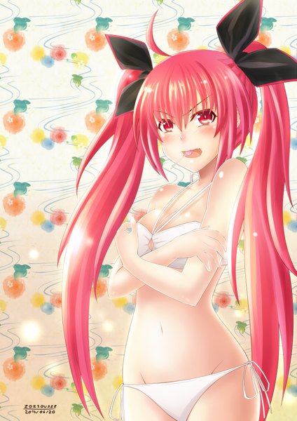 Anime picture 1413x2000 with date a live itsuka kotori single long hair tall image blush open mouth light erotic red eyes twintails red hair midriff girl navel flower (flowers) bow swimsuit hair bow bikini lollipop