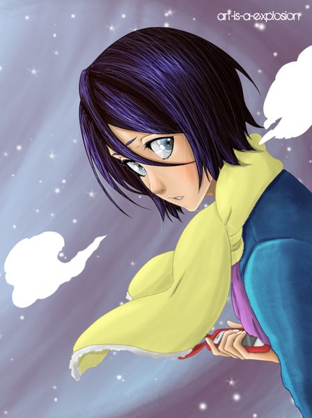 Anime picture 1024x1371 with bleach studio pierrot kuchiki rukia art-is-a-explosion single tall image short hair blue eyes purple hair looking back coloring snowing winter girl scarf phone