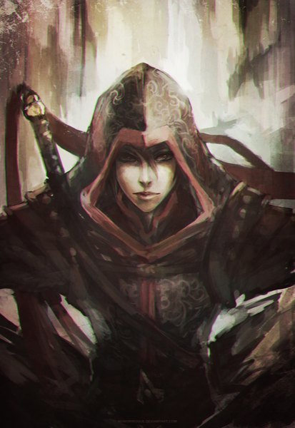 Anime picture 2418x3508 with assassin's creed (game) assassin's creed chronicles china shao jun monori rogue single tall image looking at viewer fringe highres short hair blue eyes brown hair brown eyes girl hood clothes