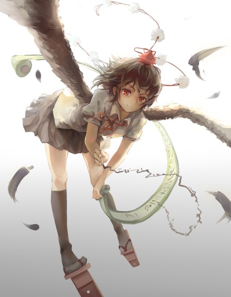 Anime picture 937x1205 with touhou shameimaru aya huanxiang heitu single tall image looking at viewer short hair black hair red eyes flying black wings girl skirt ribbon (ribbons) miniskirt shirt wings socks black socks feather (feathers)