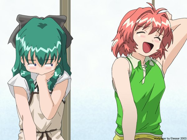 Anime picture 1024x768 with onegai twins onodera karen miyafuji miina long hair fringe short hair open mouth standing purple eyes multiple girls signed red hair indoors eyes closed :d green hair derivative work 2003 girl 2 girls