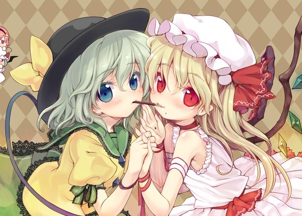 Anime picture 1000x715 with touhou flandre scarlet remilia scarlet komeiji koishi komeiji satori minamura haruki long hair looking at viewer blush short hair blonde hair red eyes bare shoulders multiple girls pink hair aqua eyes grey hair holding hands shoujo ai rhombus