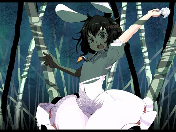 Anime picture 1024x768 with touhou inaba tewi kasuga ayumu (haruhipo) short hair black hair animal ears bunny ears nature holding panties girl plant (plants) tree (trees) forest vegetables carrot bamboo