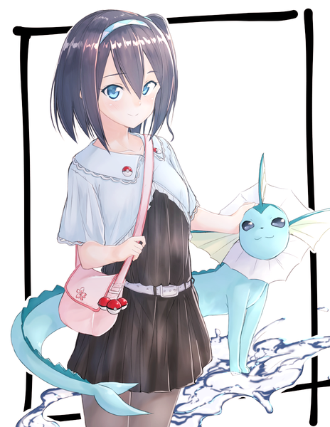 Anime picture 928x1200 with pokemon pokemon (game) pokemon go original nintendo vaporeon suzunari shizuku yuki arare tall image looking at viewer blush fringe short hair blue eyes black hair simple background smile hair between eyes standing white background