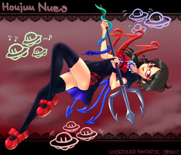 Anime picture 1164x1000 with touhou houjuu nue elline d (artist) blush short hair open mouth black hair smile red eyes teeth fang (fangs) zettai ryouiki girl thighhighs dress bow black thighhighs wings glasses shoes