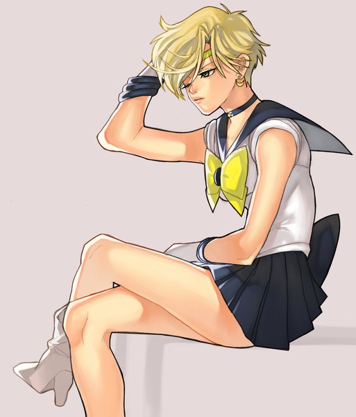 Anime picture 1079x1262 with bishoujo senshi sailor moon toei animation tenou haruka sailor uranus arutera single tall image short hair simple background blonde hair sitting one eye closed wink grey background crossed legs girl gloves earrings elbow gloves boots