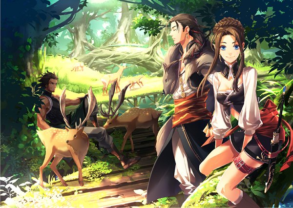 Anime picture 1148x816 with original toti (pixiv) long hair short hair blue eyes smile brown hair eyes closed girl boy weapon plant (plants) earrings animal tree (trees) water shorts forest bridge