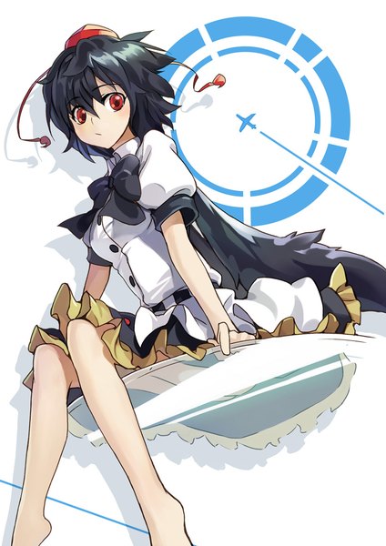 Anime picture 820x1160 with touhou shameimaru aya ryuutetsu single tall image fringe short hair black hair simple background hair between eyes red eyes white background sitting looking away barefoot shadow puffy sleeves convenient censoring black wings girl