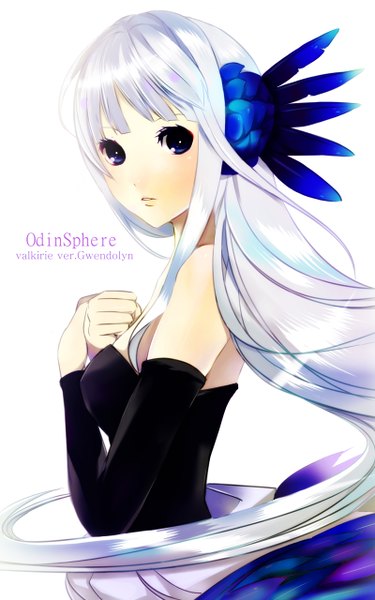 Anime picture 800x1280 with odin sphere vanillaware gwendolyn tate (donnguriumai) single tall image looking at viewer blush blue eyes white background silver hair very long hair hair flower character names shiny skin portrait crossed arms girl dress hair ornament