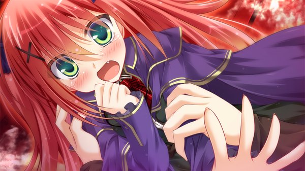 Anime picture 1280x720 with master re:master (game) single long hair looking at viewer blush open mouth wide image green eyes game cg red hair scared girl fist