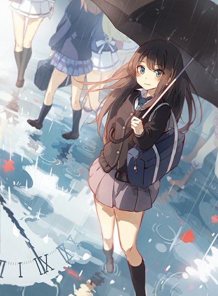 Anime picture 737x1000 with idolmaster idolmaster cinderella girls shibuya rin asuka (louyun) single long hair tall image looking at viewer blush fringe brown hair standing green eyes outdoors pleated skirt from above wind hand on hip reflection rain
