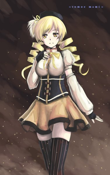 Anime picture 1057x1680 with mahou shoujo madoka magica shaft (studio) tomoe mami pas (paxiti) single long hair tall image looking at viewer blonde hair standing yellow eyes cloud (clouds) night drill hair hand on chest curly hair girl thighhighs dress black thighhighs