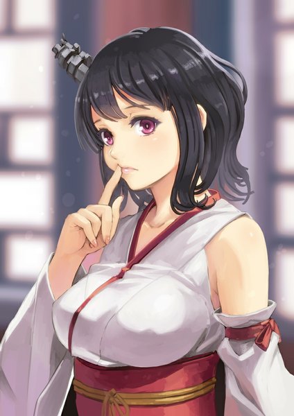 Anime picture 707x1000 with kantai collection yamashiro battleship tantaka single tall image looking at viewer blush fringe short hair breasts black hair large breasts bare shoulders nail polish traditional clothes japanese clothes pink eyes fingernails lips finger to mouth