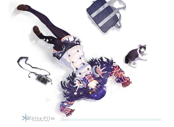 Anime picture 1000x727 with original yuugen single long hair blush blue eyes white background purple hair lying on back legs snowing winter girl thighhighs skirt black thighhighs jacket scarf cat
