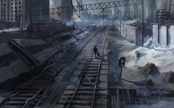 Anime picture 1920x1200 with romantically apocalyptic alexiuss single highres from above walking glow ruins post-apocalyptic boy hood building (buildings) hoodie goggles train suitcase cable traffic lights