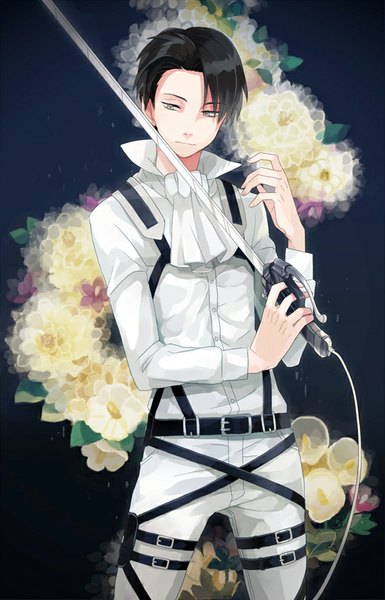 Anime picture 546x850 with shingeki no kyojin production i.g levi (rivaille) michi (iawei) single tall image short hair black hair looking away grey eyes boy flower (flowers) weapon shirt sword white shirt pants neckerchief suspenders