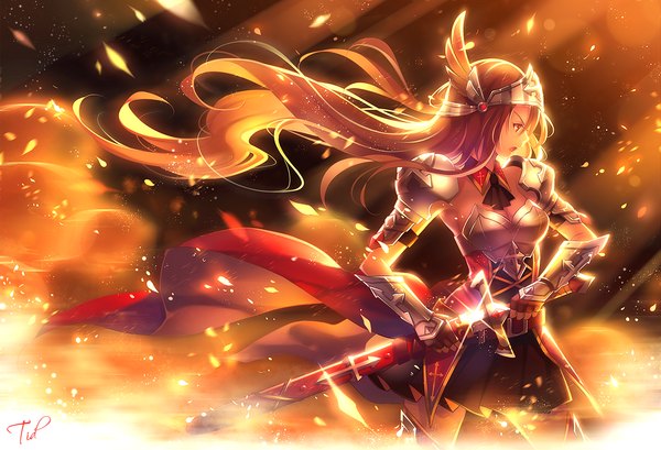 Anime picture 1464x1000 with original tidsean single long hair open mouth brown hair brown eyes signed profile girl gloves weapon sword armor fingerless gloves fire