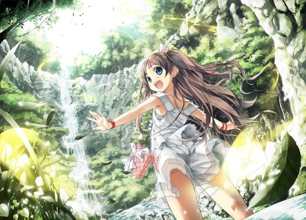Anime picture 1500x1080 with monobeno sawai natsuha cura long hair blush open mouth blue eyes brown hair looking back wind sunlight loli landscape waterfall girl plant (plants) tree (trees) water bracelet leaf (leaves)