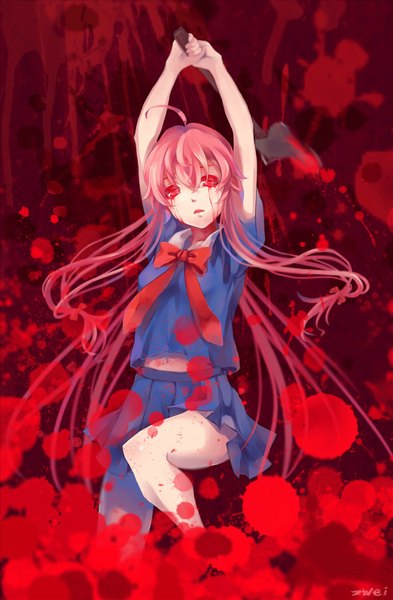 Anime picture 1050x1600 with mirai nikki gasai yuno single long hair tall image fringe open mouth red eyes pink hair tears bloody tears girl uniform bow weapon school uniform blood axe
