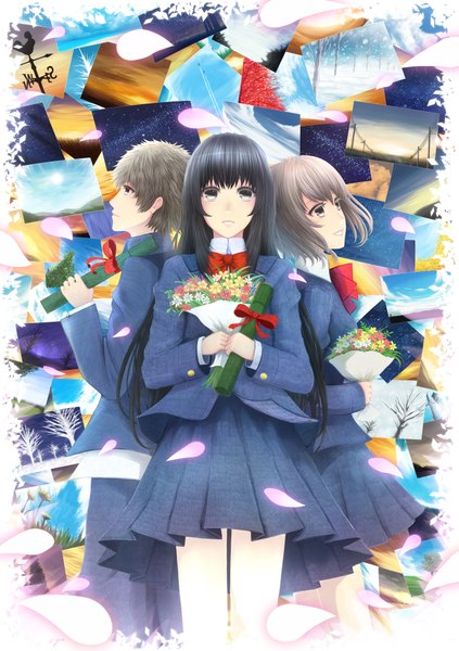 Anime picture 2749x3900 with bounin long hair tall image highres short hair black hair smile brown hair multiple girls absurdres black eyes back to back girl boy flower (flowers) 2 girls petals serafuku bouquet photo (object)
