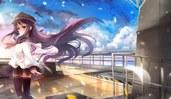 Anime picture 1450x847 with kantai collection akatsuki destroyer fuyouchu single long hair wide image purple eyes sky purple hair cloud (clouds) looking back zettai ryouiki girl thighhighs skirt black thighhighs petals sailor suit flat cap anchor symbol