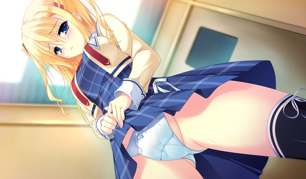 Anime picture 1024x600 with da capo iii morizono rikka tanihara natsuki single long hair blush blue eyes light erotic blonde hair wide image game cg girl thighhighs uniform underwear panties black thighhighs school uniform