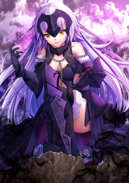 Anime picture 708x1000 with fate (series) fate/grand order fate/apocrypha jeanne d'arc (fate) (all) jeanne d'arc alter (fate) jeanne d'arc alter (avenger) (third ascension) (fate) toshi (1-147) single tall image looking at viewer open mouth yellow eyes white hair very long hair girl dress gloves hair ornament black gloves armor